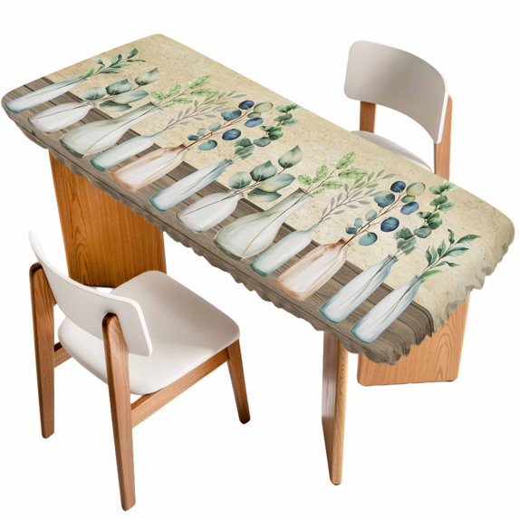 Farmhouse Botanical Table Cloths for 8 Foot Rectangle Tables, Bottles Plans Country Brown Wooden Grain Patio Waterproof Elastic Fitted Tablecloths, Washable Rectangular Table Cover for Camping