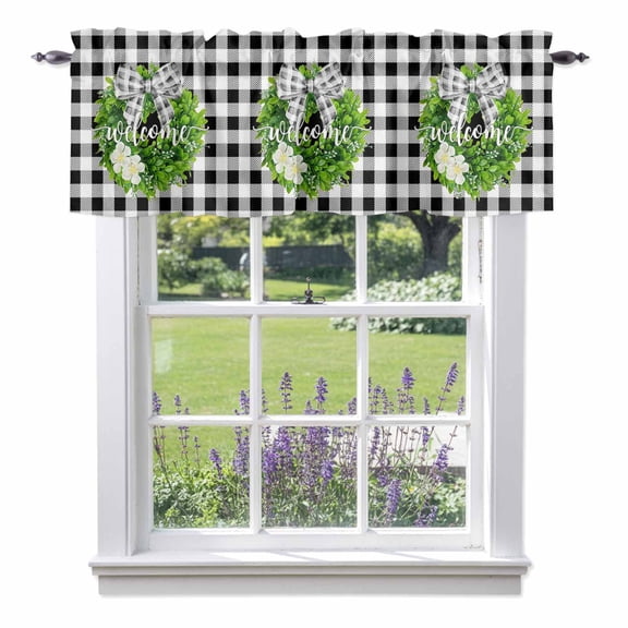 Farmhouse Boxwood Wreath Valances for Windows,Kitchen Valance Rod Pocket Short Curtain, Black White Checkered Bow Flower Valance Curtain Window Valances for Bedroom Bathroom Living Room 42x12in