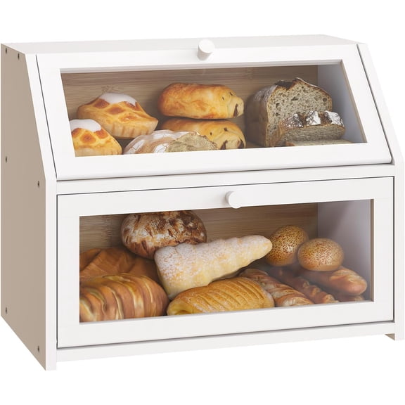 Farmhouse Bread Box for Kitchen Countertop Bread box Double Layer Bamboo Wooden Extra Large Capacity Bin Kitchen Food Storage Container(White)