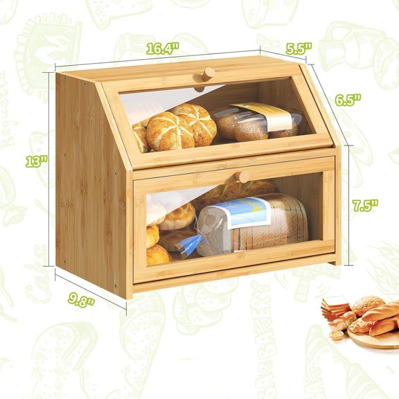 Farmhouse Bread Box for Kitchen Countertop Bread box Double Layer Bamboo Wooden Extra Large Capacity Bin Kitchen Food Storage Container(Natural)