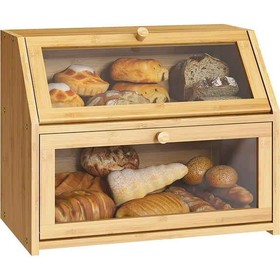 Farmhouse Bread Box for Kitchen Countertop Bread box Double Layer Bamboo Wooden Extra Large Capacity Bin Kitchen Food Storage Container(Natural)