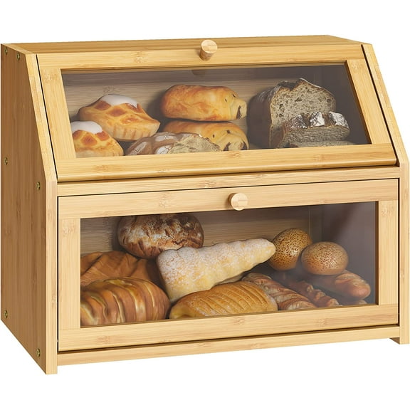 Farmhouse Bread Box for Kitchen Countertop Bread box Double Layer Bamboo Wooden Extra Large Capacity Bin Kitchen Food Storage Container(Natural)