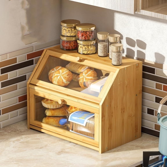 Farmhouse Bread Box for Kitchen Countertop Bread box Double Layer Bamboo Wooden Extra Large Capacity Bin Kitchen Food Storage Container(Natural)