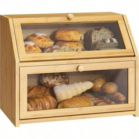 Farmhouse Bread Box for Kitchen Countertop Bread box Double Layer Bamboo Wooden Extra Large Capacity Bin Kitchen Food Storage Container
