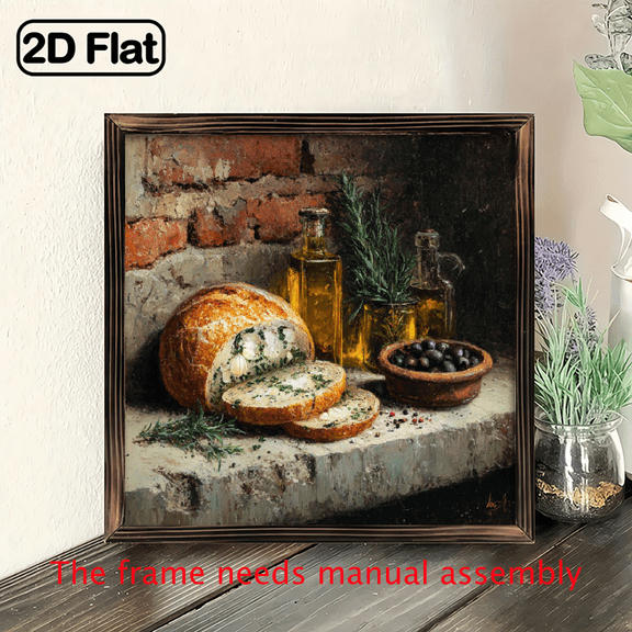 Farmhouse Bread Olive Oil Still Life Framed Wood Wall Art - 8x8 Inch White-Washed Wood Frame Rustic Italian Country, Olive Branches Bread Loaves Picture for Bedroom, Dining Room, Decor (Horizontal