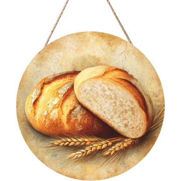 Farmhouse Bread & Wheat Plaque, Eye-Catching Wooden Signs, Round Oil Painting Rustic Loaf Art, Wall Art, Country Door Decorations Hanging For Breakfast Nook Wall Decor 8x8 Inch