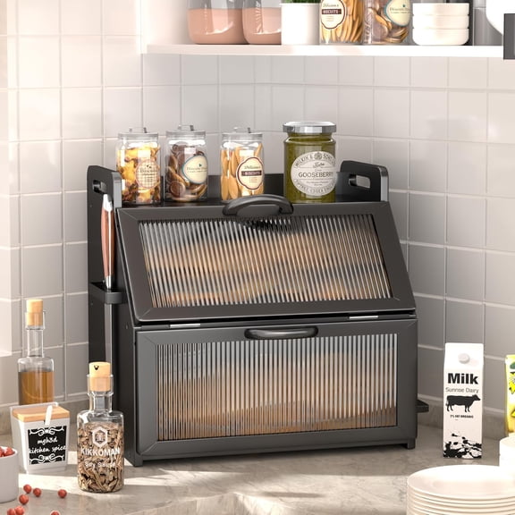 Farmhouse Breadbox Organizer - Large Wooden Double Layer Bread Bin with Acrylic Window, Black