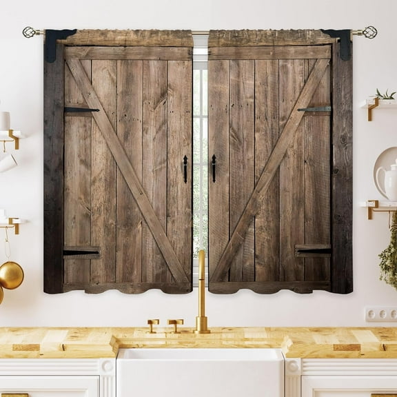 Farmhouse Brown Barn Door Small Kitchen Curtains Rustic Wooden Plank Window Treatment Country Wood Vintage Western Cafe Short Curtains for Bathroom Dining Room Tier Treatment Drapes 26"W x 24"L