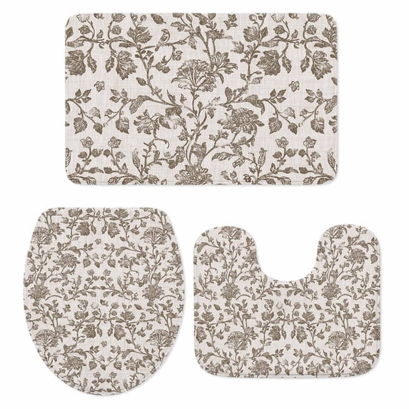 Farmhouse Brown Bath Mat 3 Piece Bathroom Rug Set, Vintage Flower Leaf Botanical Plant Non Slip Bath Rug Contour Mat and Toilet Lid Cover, Absorbent Shower Mats Soft Bath Rugs and Mats Sets