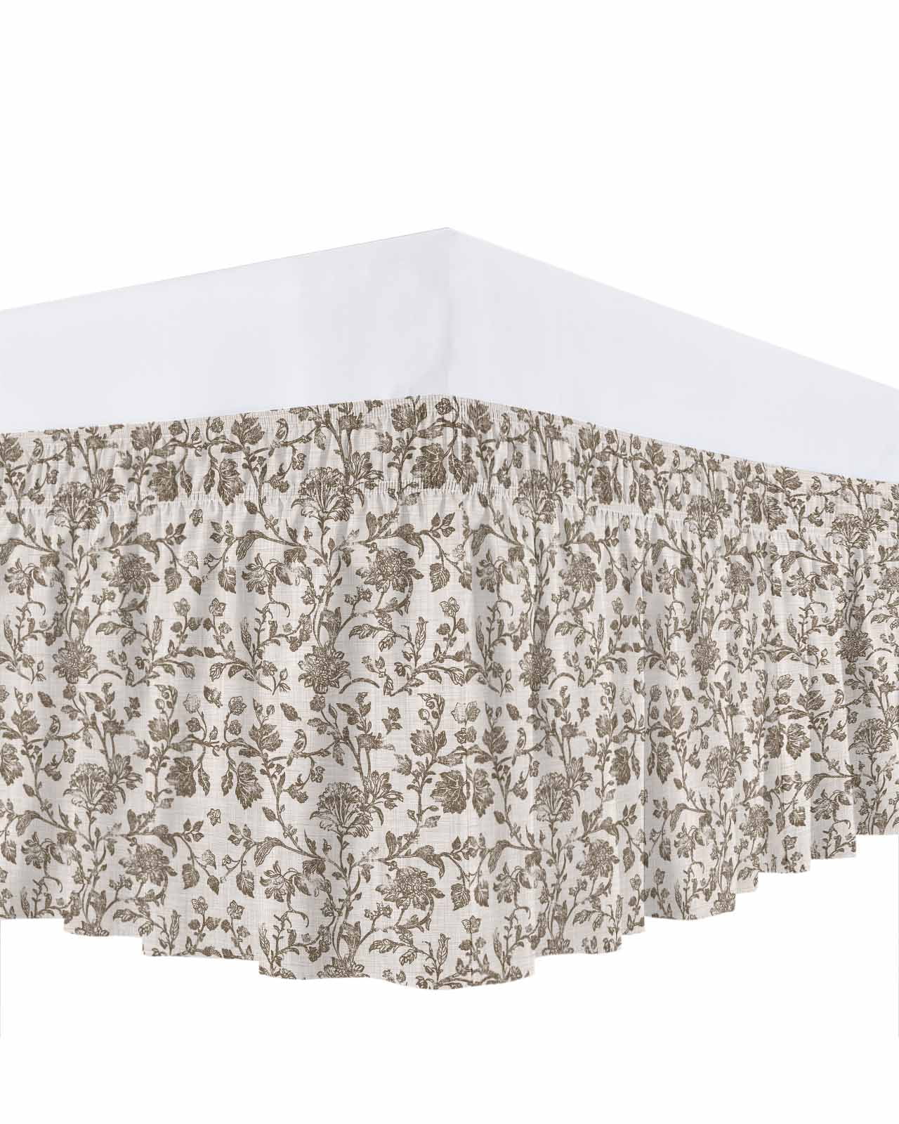 Farmhouse Brown Bed Skirt Cal King Size, Vintage Flower Leaf Botanical Plant Wrap Around Bed Skirting with Adjustable Elastic Strap, Dust Ruffled Pleated Bedskirts 16 Inch Drop for Bedroom Beds