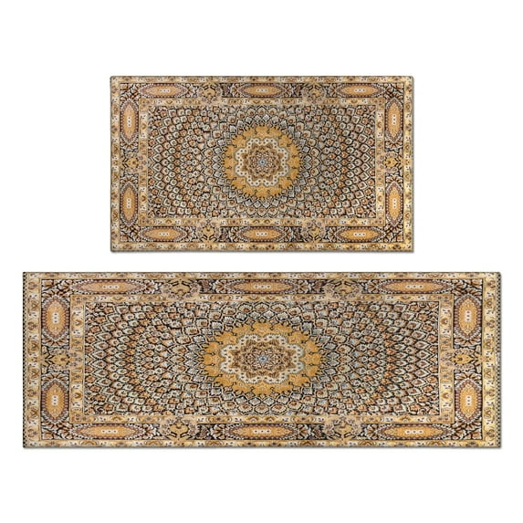 Farmhouse Brown Boho Rugs and Mats Non Skid Washable Absorbent Microfiber Soft Kitchen Mat for Floor Set Of 2 Decor Stain Resistant 17"x47"+17"x30"