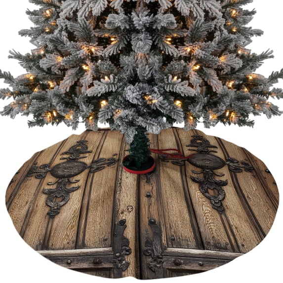 Farmhouse Brown Christmas Tree Skirt 48 Inches, Rustic Wooden Historical Barn Door Plank Xmas Trees Skirt Mat Cover Decorations for Holiday Party Indoor Outdoor