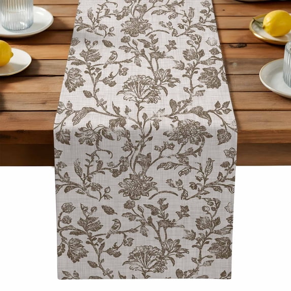Farmhouse Brown Cotton Linen Table Runner for Dining Kitchen, Vintage Flower Leaf Botanical Plant Wedding Outdoor Party Tablerunners Decoration, Dresser Scarf Coffee Tablecloth Runners 13x72 Inches