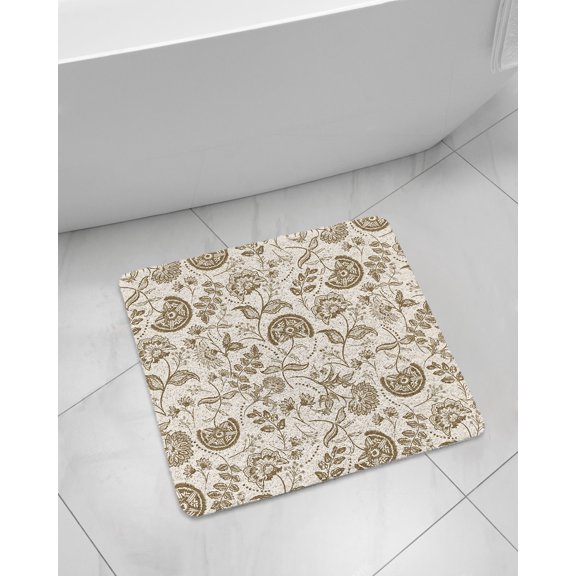 Farmhouse Brown Floral Non-Slip Bathtub Mat, Linen Boho Flower Rustic Country PVC Bath Mat for Tub Quick Drying Shower Mats for Inside Shower, Foot Scrubber Loofah Bathroom Mats 24x24 Inches