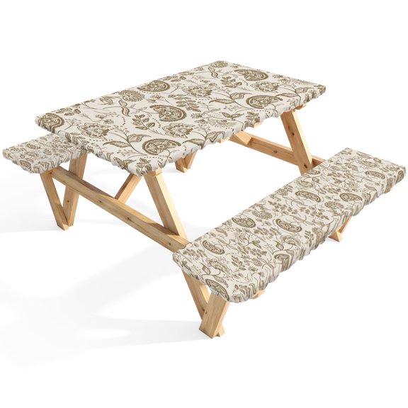 Farmhouse Brown Floral Picnic Table Cover with Bench Covers Linen Boho Flower Rustic Country Waterproof Fitted Picnic Tablecloth 3 Pieces Set Table Cloth for Outdoor Camping Garden BBQ