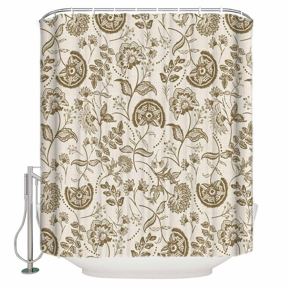 Farmhouse Brown Floral Shower Curtain, 36" x 72", Linen Boho Flower Rustic Country Waterproof Bathroom Curtain Washable Shower Curtain Set with 12 Hooks