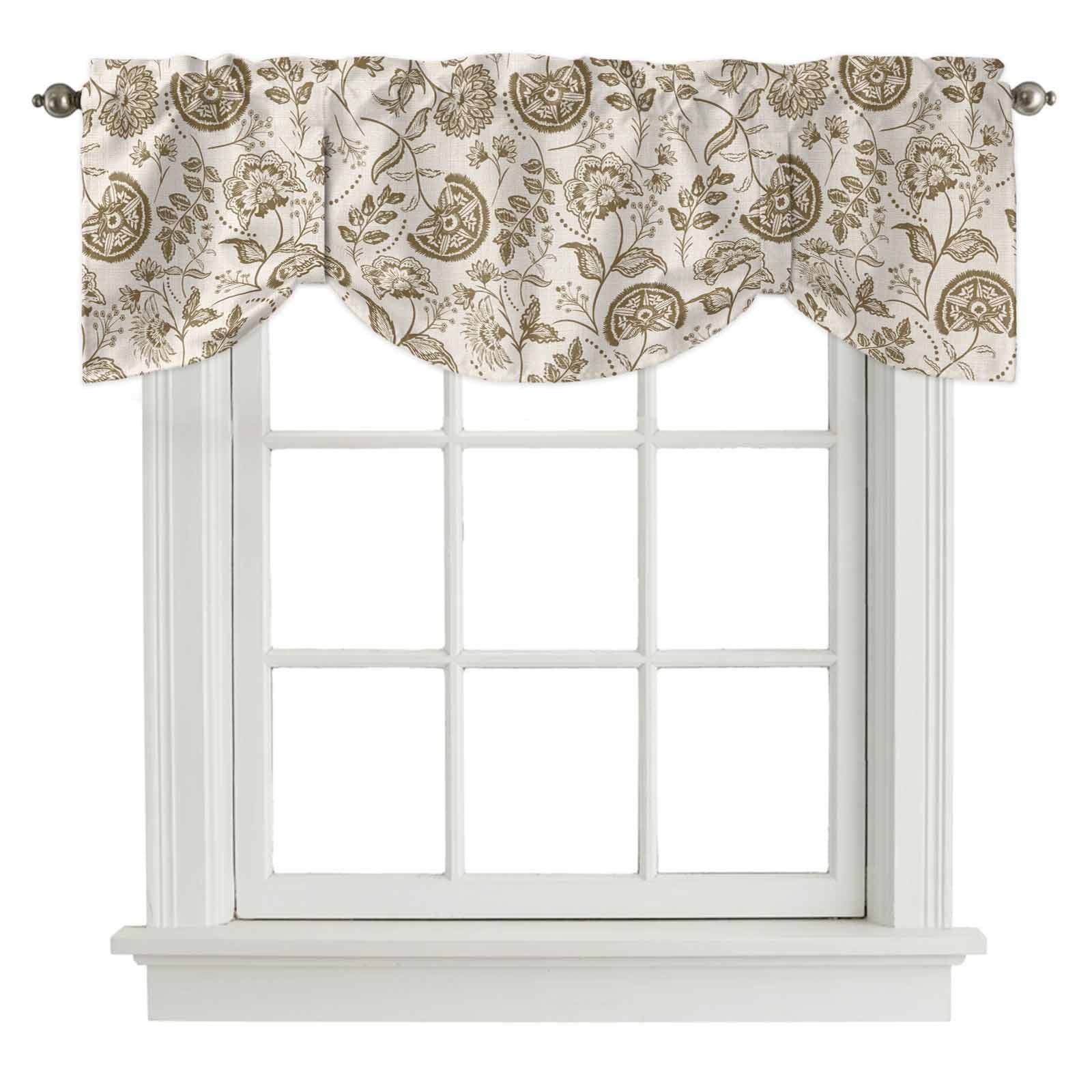 Farmhouse Brown Floral Tie Up Valances Curtain, Linen Boho Flower Rustic Country Adjustable Rod Pocket Short Window Treatment Tie Up Curtains Valances for Kitchen Living Room Bathroom 54x18 Inches