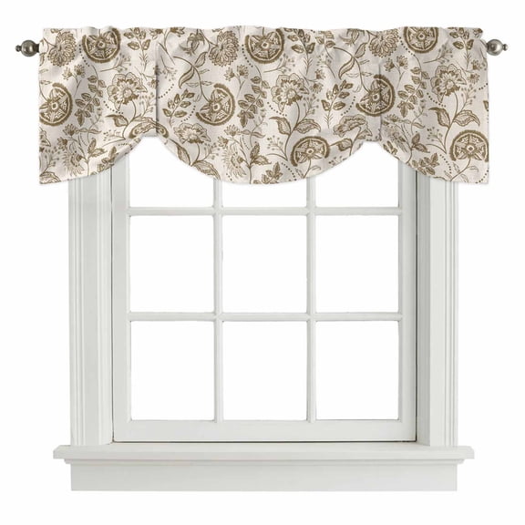 Farmhouse Brown Floral Tie Up Valances Curtain, Linen Boho Flower Rustic Country Adjustable Rod Pocket Short Window Treatment Tie Up Curtains Valances for Kitchen Living Room Bathroom 42x18 Inches