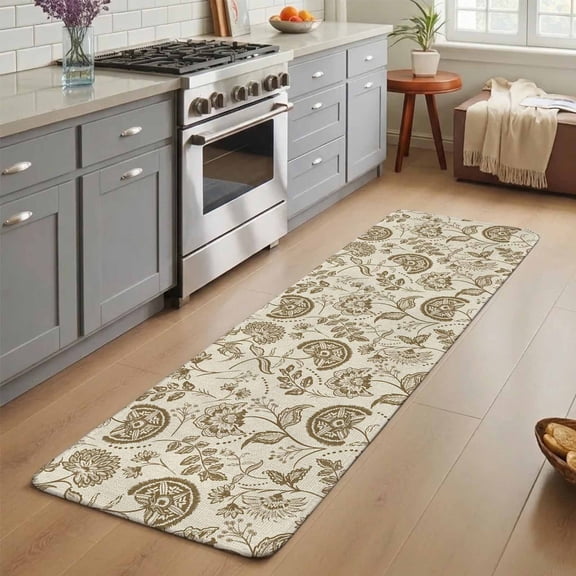 Farmhouse Brown Floral Washable Runner Rug 2X5 ft Linen Boho Flower Rustic Country Non-Slip Hallway Runner Rug, Linen Kitchen Runner Mats, Indoor Floor Carpet for Entryway Bathroom Bedroom