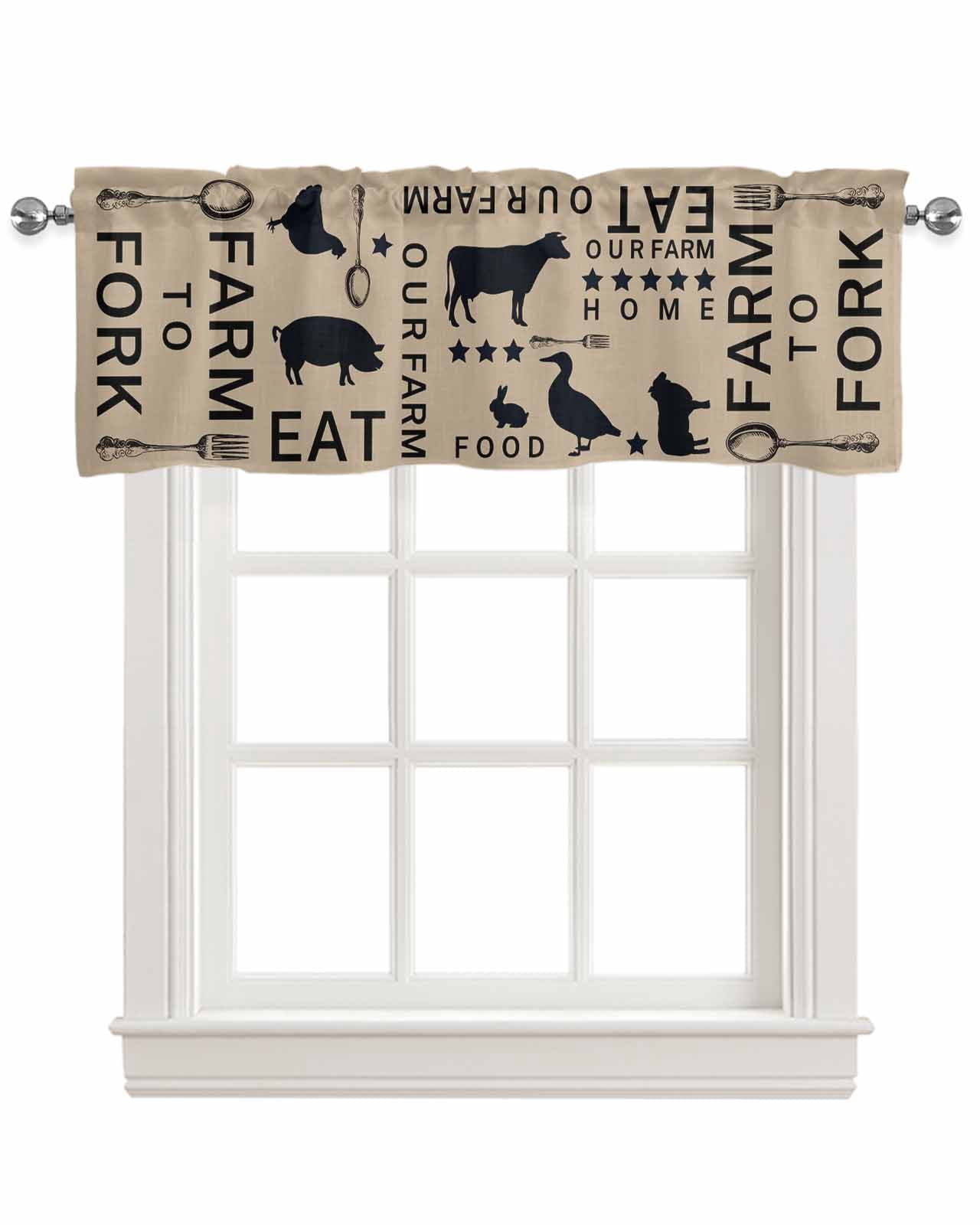 Farmhouse Brown Linen Curtain Valance for Bedroom/Bathroom/Kitchen/Living/Dining Room Window,Farm Star Fork Pig Chicken Duck Bunny Cow Pocket Topper Drapes Decorative Cafe Drapery Panel 42"x18"