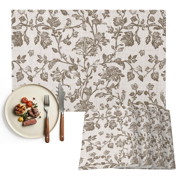 Farmhouse Brown Placemats Set of 2, Vintage Flower Leaf Botanical Plant Washable Wipeable Table Mats for Dining Tables, Indoor Outdoor Kitchen Place Mats for Holiday Party Table Decor