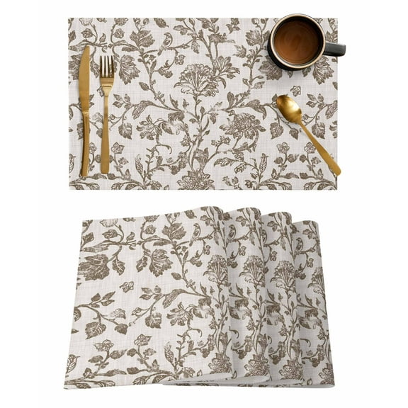 Farmhouse Brown Placemats Set of 4, Vintage Flower Leaf Botanical Plant Placemats for Dining Table, Place Mats for Kitchen Tabletop, Waterproof Wipeable Dining Table Mats Set