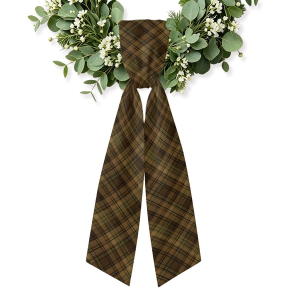 Farmhouse Brown Plaid Wreath Sash for Front Door, Decorative Seasonal Bows Ribbons, Vintage Classic Stripes Woven Texture Holiday Wreath Accessories for Home Thanksgiving Fall Christmas Decorations