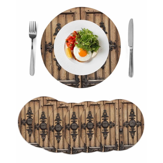 Farmhouse Brown Round 15 Inch Placemats Set of 6, Rustic Wooden Historical Barn Door Plank HeatResistant Non Slip Place Mats for Dining Table, Wipeable Braided Kitchen Table Mats for Housewarming
