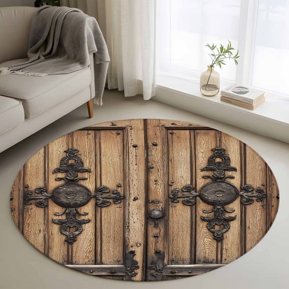 Farmhouse Brown Round Rug 3ft Washable Circle Entryway Rugs Non Slip Rustic Wooden Historical Barn Door Plank Area Rug Indoor Floor Carpet for Bedroom Kitchen Living Room Home Office Dining Room