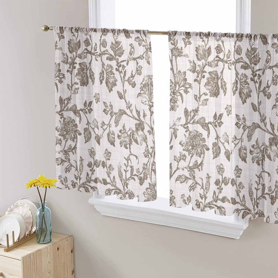 Farmhouse Brown Sheer Curtains 45 Inch Length 2 Panels Set for Living Room/Bedroom, Vintage Flower Leaf Botanical Plant Semi Curtain Sheers Drapes Rod Pocket Curtains Window Treatment Set 52''x45''x2