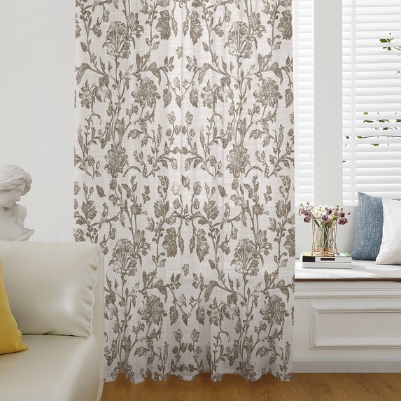 Farmhouse Brown Sheer Curtains 63 Inch Length, Light Filtering Voile Curtain Panel, Vintage Flower Leaf Botanical Plant Rod Pocket Drapes Window Treatments for Living Room Bedroom 52"x63"