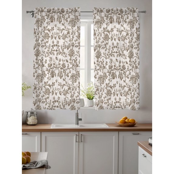 Farmhouse Brown Sheer Kitchen Tier Curtains 45 Inch length,Rod Pocket Half Curtains & Drapes,Vintage Flower Leaf Botanical Plant Light Filtering Cafe Bathroom Window Treatments 2 Pcs 27.5"W x 45"L