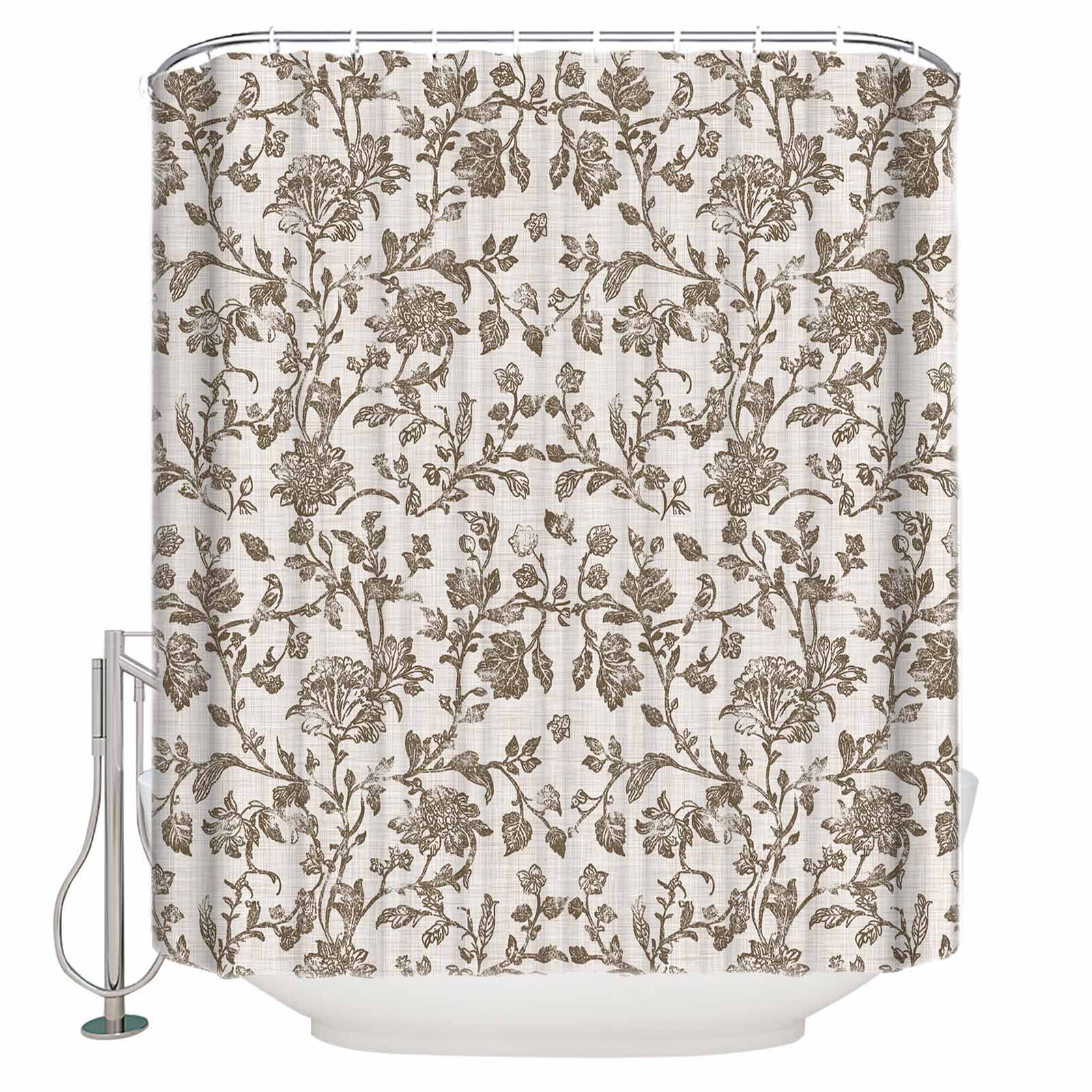 Farmhouse Brown Shower Curtains for Bathroom Waterproof Fabric Bath Curtains Decor Bath Tub Curtain Vintage Flower Leaf Botanical Plant Decorative Shower Curtain Sets with 12 Hooks, 72x72 Inch