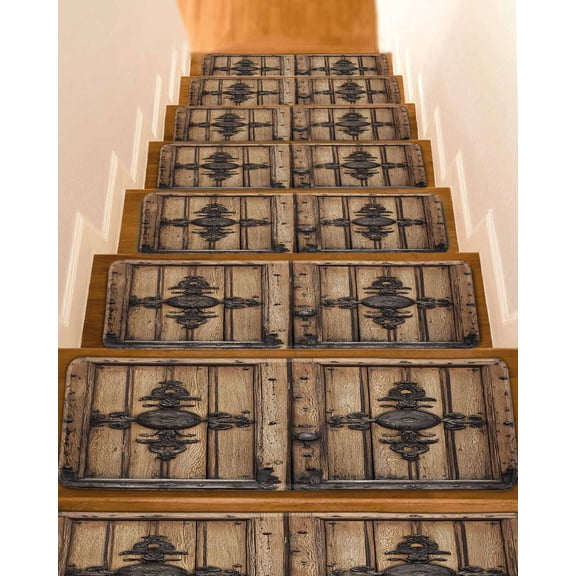 Farmhouse Brown Stair Treads for Wooden Steps Indoor Runner Rug Carpet, Rustic Wooden Historical Barn Door Plank 15 Pieces Peel and Stick Staircase Step Treads Covers Washable Throw Door Mats, 30"x8"