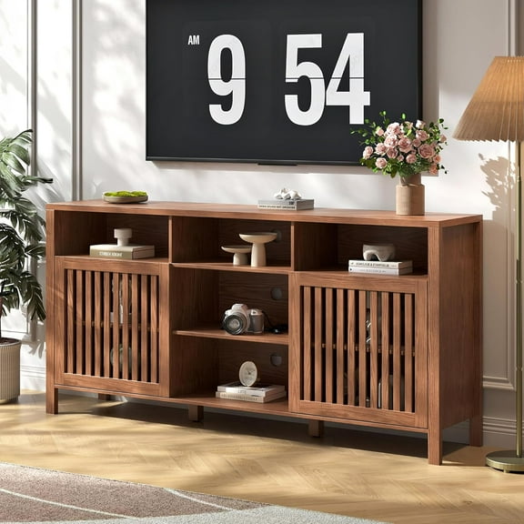 Farmhouse Brown TV Stand with Grille Doors, 5 Open Storage Compartments, 65" Media Console with Adjustable Shelves for Living Room