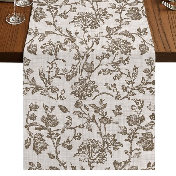 Farmhouse Brown Table Runner 72 Inches Long, Cotton Linen Table Runner Dresser Scarf, Vintage Flower Leaf Botanical Plant Fabric Tablerunners for Dining Coffee Tables Wedding Holiday Party 13"x72"