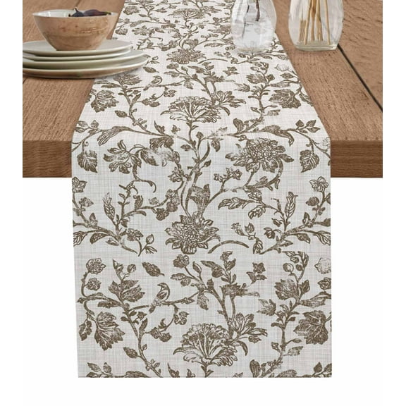 Farmhouse Brown Table Runner Vintage Flower Leaf Botanical Plant Tablerunners 13 x 70 Inch, Table Decorations Tabletop Scarf for Summer Gathering Holiday Farmhouse Kitchen Dining Decor