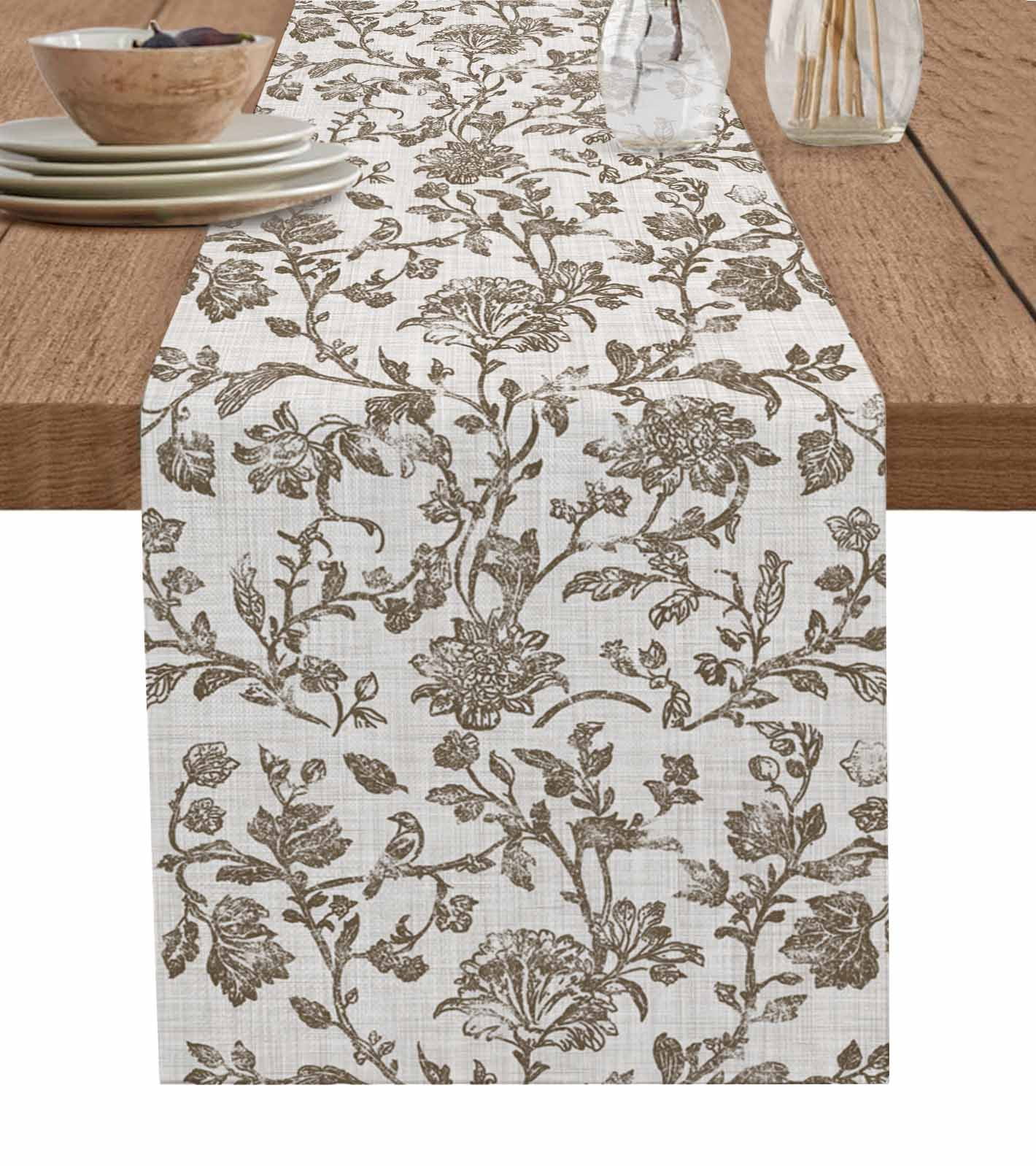 Farmhouse Brown Table Runner Vintage Flower Leaf Botanical Plant Tablerunners 13 x 90 Inch, Table Decorations Tabletop Scarf for Summer Gathering Holiday Farmhouse Kitchen Dining Decor