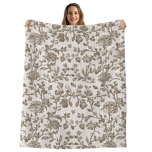 Farmhouse Brown Throw Blanket, Flannel Fleece Blanket with Striped Design for Couch, Vintage Flower Leaf Botanical Plant Soft Breathable All Season Plush Blankets for Sofa Office Chair 30"x40"