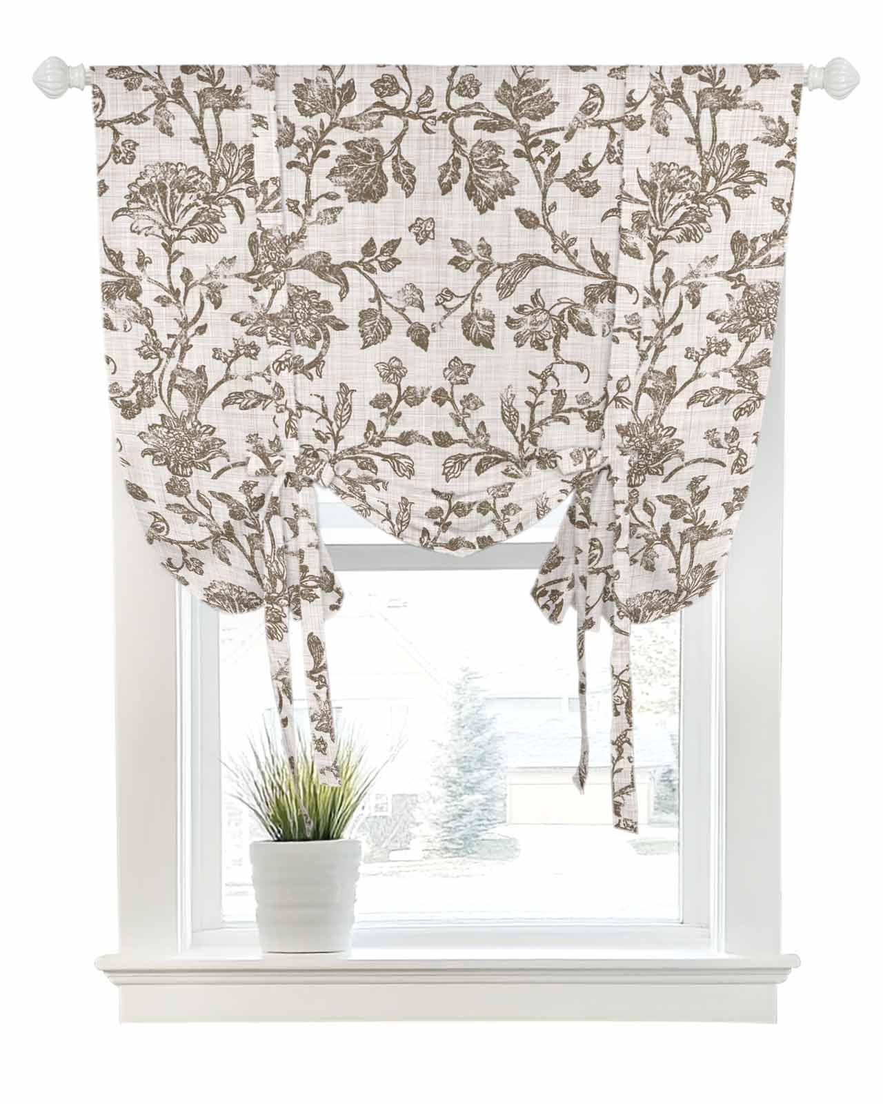 Farmhouse Brown Tie Up Curtains for Window, Thermal Insulted Balloon Shade Adjustable Rod Pocket Curtains Valance Panels for Kitchen Bathroom Cafe 42 x 45 Vintage Flower Leaf Botanical Plant