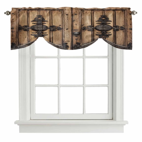 Farmhouse Brown Tie Up Valance Curtains for Windows, Kitchen Curtains Window Shades, Rustic Wooden Historical Barn Door Plank Light Filtering Roman Curtain Valances for Bedroom/Bathroom/Cafe 42"x12"