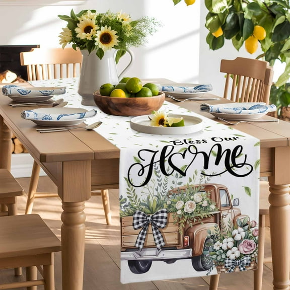 Farmhouse Brown Truck Rose Flower Leaves Table Runner-90 Inch Long Home Quote Table Runners Linen Burlap Tablerunner for Kitchen Dining Room Holiday Party