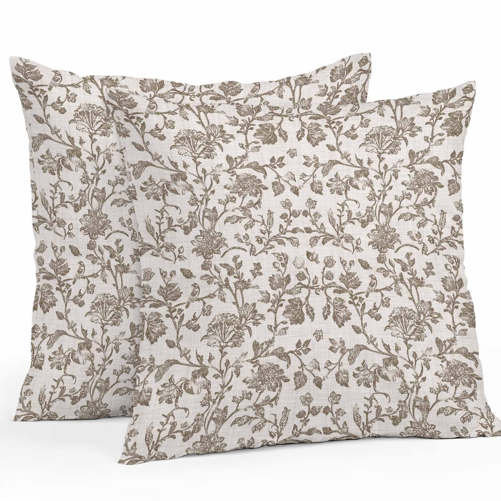 Farmhouse Brown Waterproof Outdoor Throw Pillow Covers 20''x20'' Pack 2, Pillow Cases Throw Cushion Cover with Zipper, Vintage Flower Leaf Botanical Plant Washable Pillowcase for Poolside Sofa