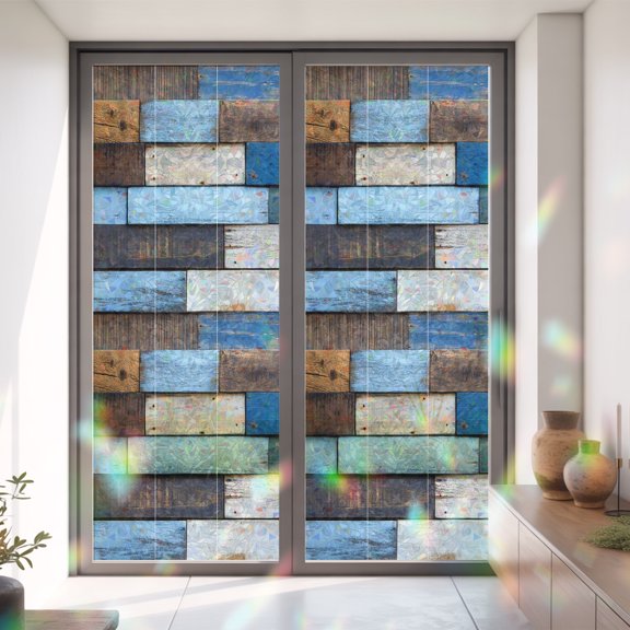 Farmhouse Brown Wood Board Window Privacy Film,Decorative Windows Static Cling Vintage Wooden Gradient Heat Control Removable Glass Sticker for Home Bathroom Bedroom Window Door,35x79in