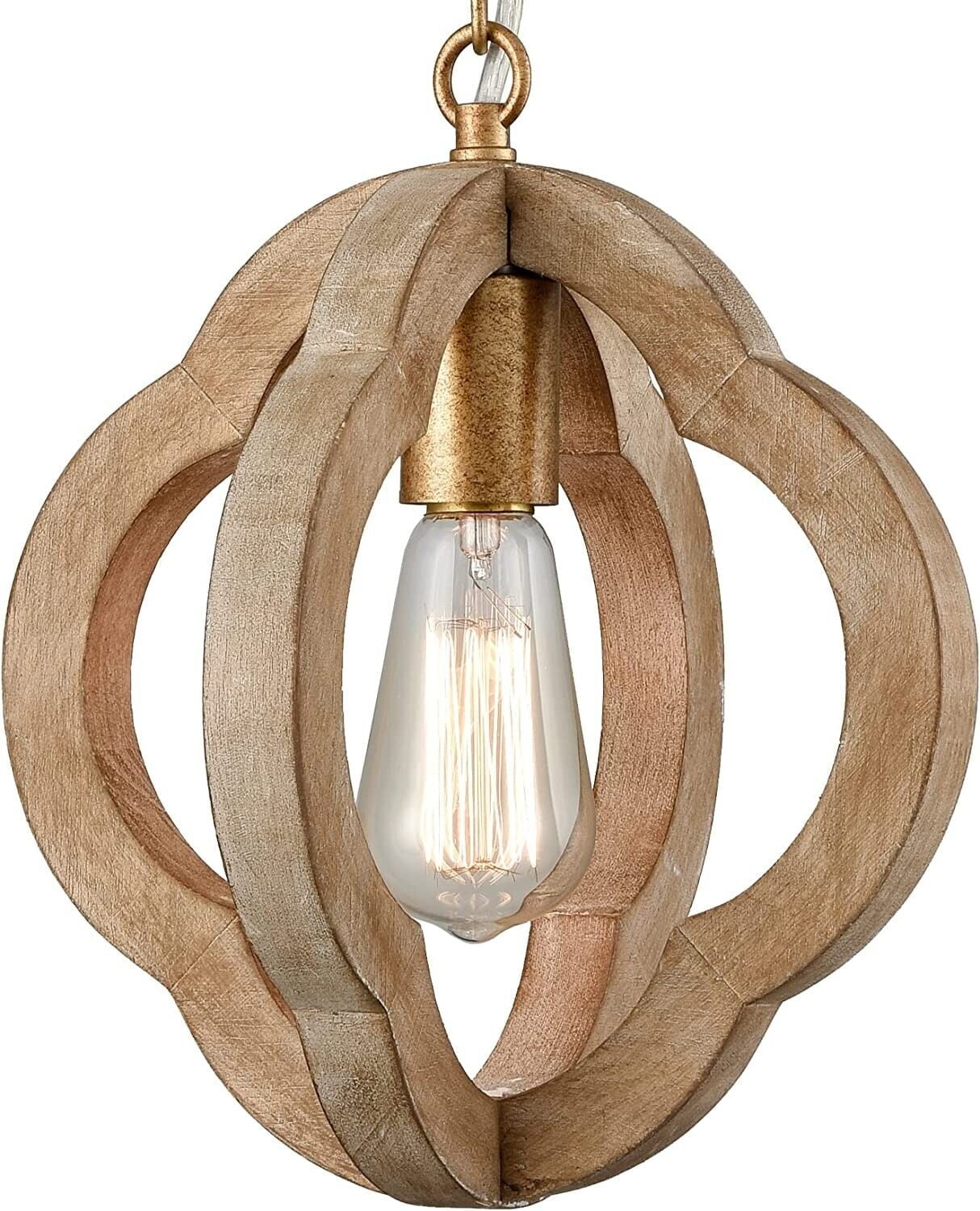 Rustic Gold and Brown Wooden Globe Pendant Light