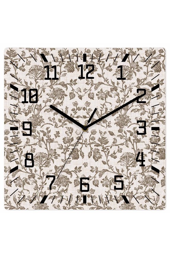 Farmhouse Brown Wooden Wall Clock Silent Non Ticking, Vintage Flower Leaf Botanical Plant Square Wall Clocks Battery Operated, Decor Clock for Home Office, Living Room, Kitchen, 12 Inch