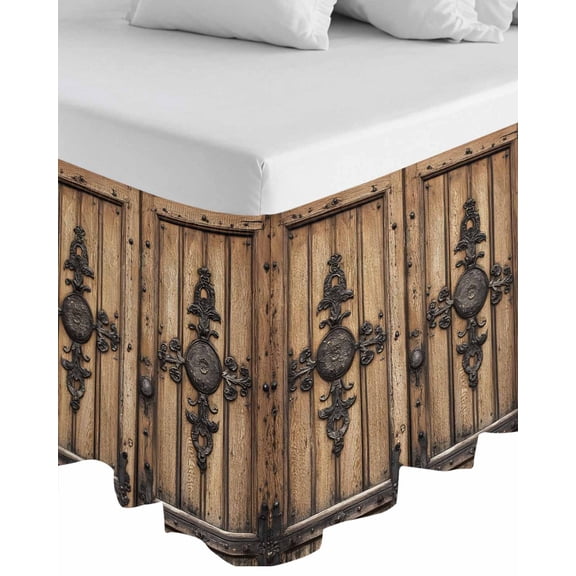 Farmhouse Brown Wrap Around Bed Skirts for Queen Bed 16" Drop,Bed Skirt with Adjustable Elastic Belt Dust Ruffle Bed Valance for Bedroom Hotel Rustic Wooden Historical Barn Door Plank Bed Frame Cover