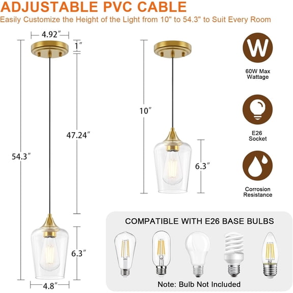 Farmhouse Brushed Gold Pendant Light 2-Pack, Pendant Light Fixtures with Wine Clear Glass Shade, Kitchen Island Lighting for Dining Room, Rustic Adjustable Hanging Lighting Fixture