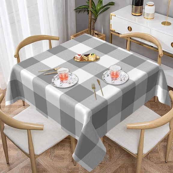 Farmhouse Buffalo Check Plaid Neutral Gray White 100% Polyester Fiber Square Tablecloth Anti Pilling Tablecloth Decoration 60"X60"