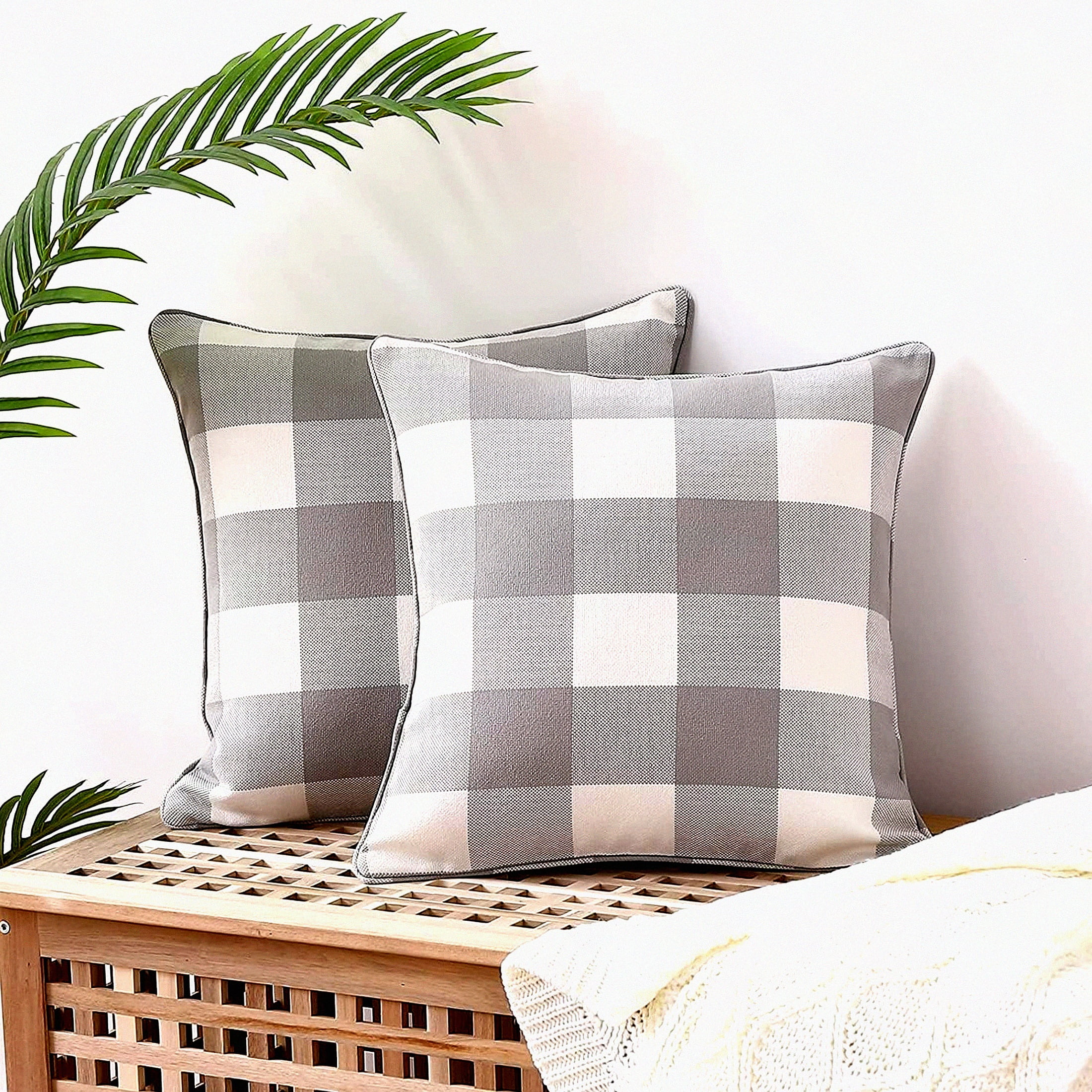 Gray and White Buffalo Check Plaid Polyester Pillow Covers - 20x20 Inch Set of 2